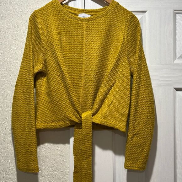 J.O.A Women's Tie Front Waffle Textured Knit Cropped Sweater Yellow Size Medium - Picture 1 of 7